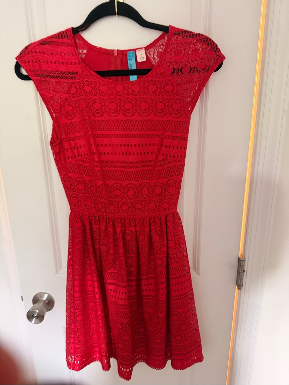 buttons Red Lace Cap-Sleeve Fit & Flare Dress